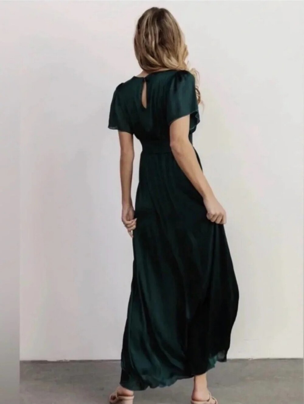 Baltic Born Prague Satin Smocked Empire Waist Maxi Dress Dark Green M - Picture 5 of 13